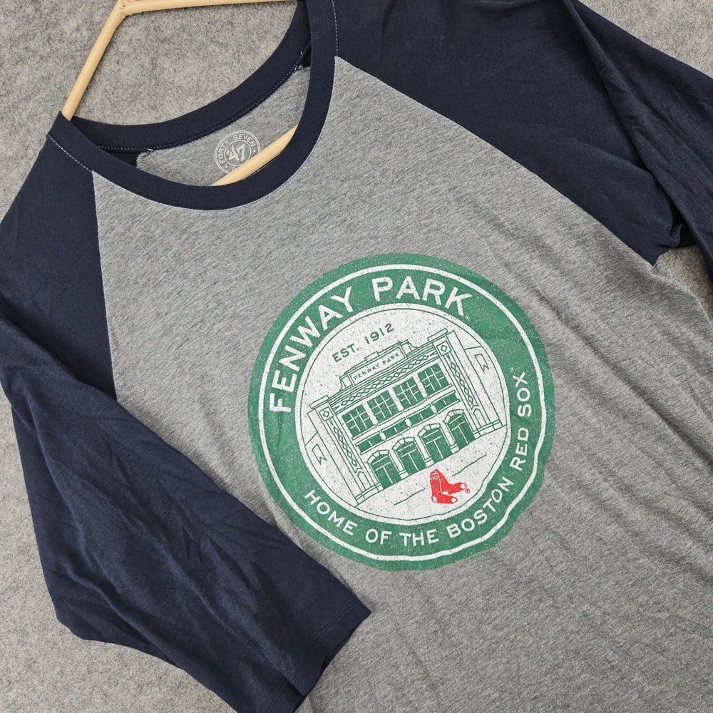 47 Brand Fenway Park Boston Red Sox Shirt Mens Large Gray Navy 3/4 Sleeves HOLE